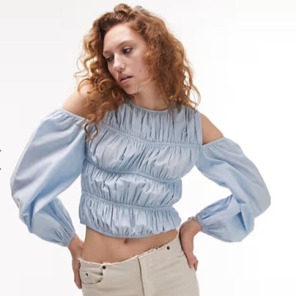 Topshop Tops - Topshop shirred poplin off the shoulder blouse
